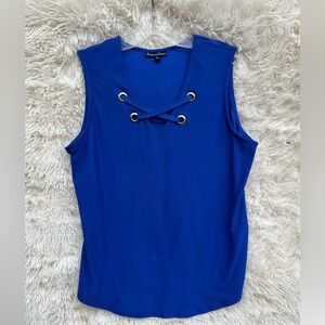 Alison Andrew’s Sleeveless Lace-Up V-Neck Tank in Cobalt Blue Summer Layering L
